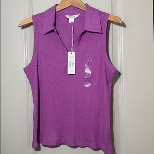 NWT Natural Reflections V-Neck Ribbed Polo Tank Radiant Orchid Size Small